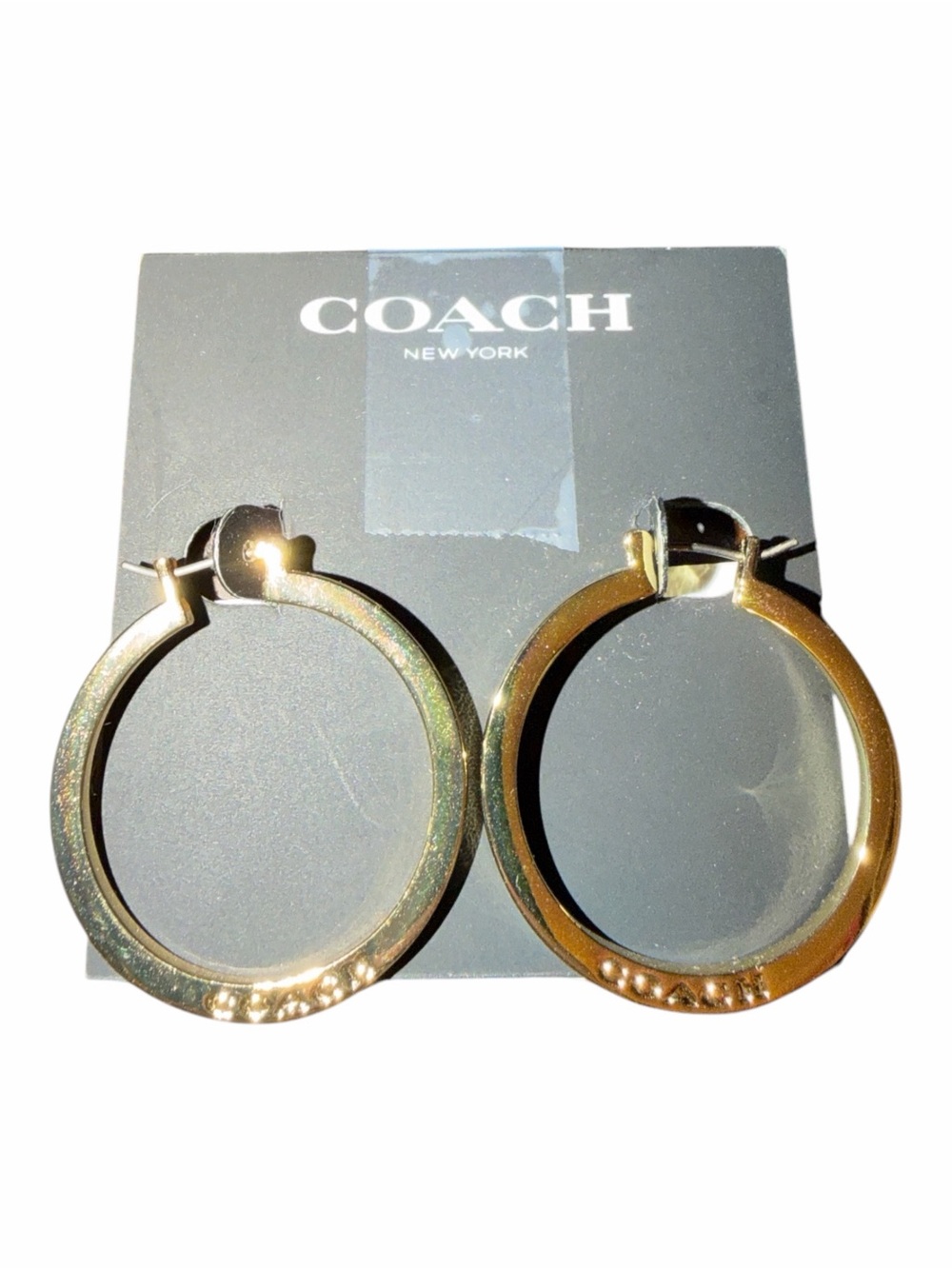 NWT Coach Gold Tone Engraved Logo Flat Medium Hoop Earrings NIB